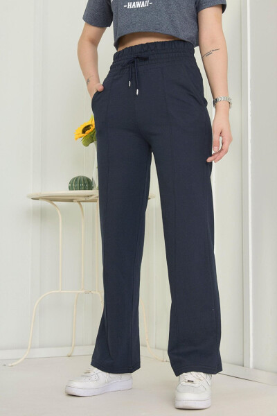 Plain Mid-Rise Women's Navy High Waist Wide Leg Sweatpants - 22383 - 16