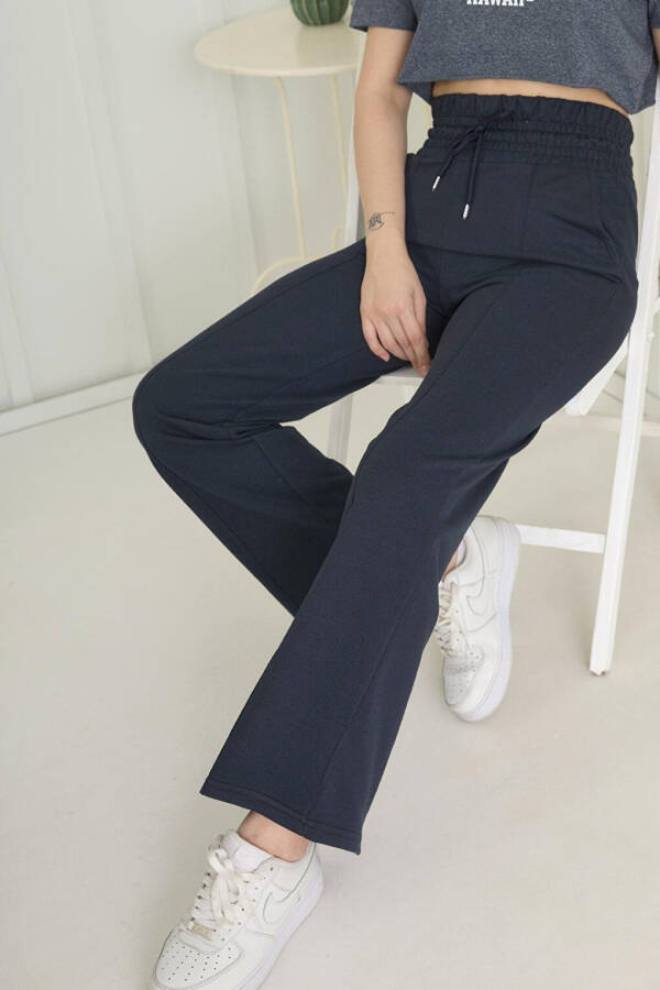 Plain Mid-Rise Women's Navy High Waist Wide Leg Sweatpants - 22383 - 17