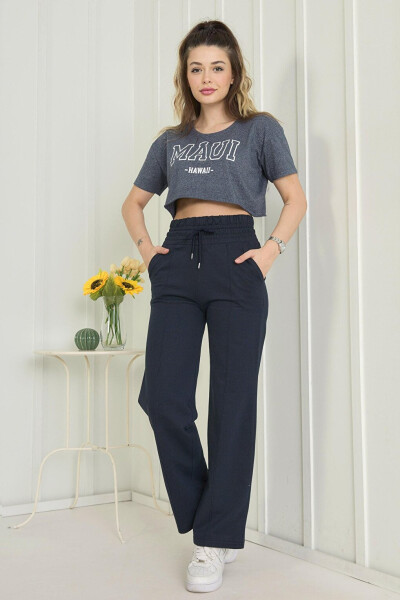 Plain Mid-Rise Women's Navy High Waist Wide Leg Sweatpants - 22383 - 18