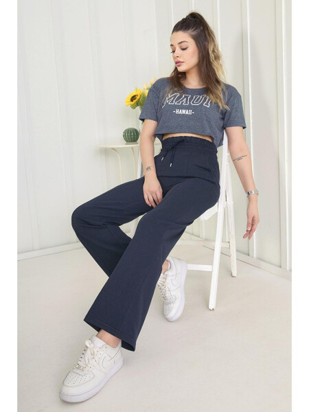 Plain Mid-Rise Women's Navy High Waist Wide Leg Sweatpants - 22383 - 7