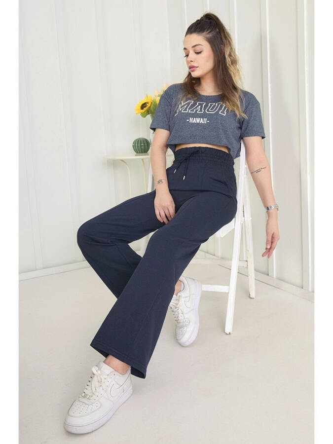 Plain Mid-Rise Women's Navy High Waist Wide Leg Sweatpants - 22383 - 7