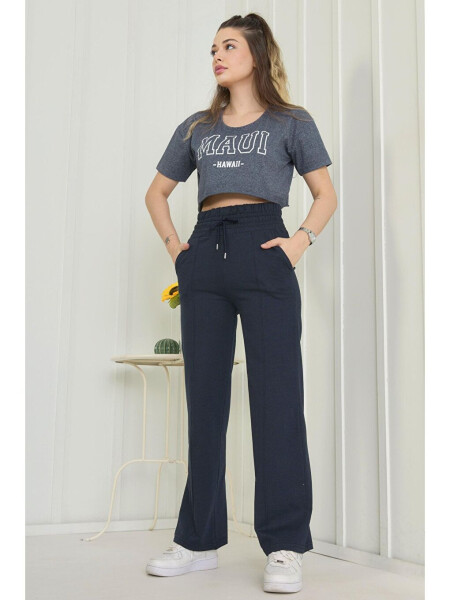 Plain Mid-Rise Women's Navy High Waist Wide Leg Sweatpants - 22383 - 8