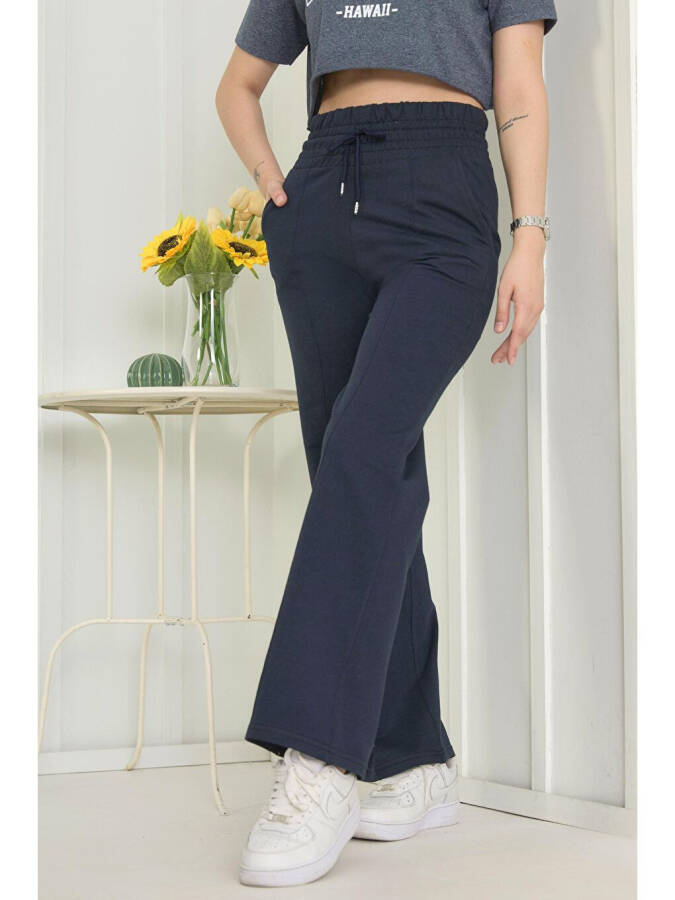 Plain Mid-Rise Women's Navy High Waist Wide Leg Sweatpants - 22383 - 9