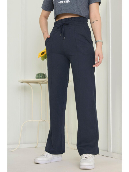 Plain Mid-Rise Women's Navy High Waist Wide Leg Sweatpants - 22383 - 10