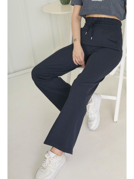 Plain Mid-Rise Women's Navy High Waist Wide Leg Sweatpants - 22383 - 11