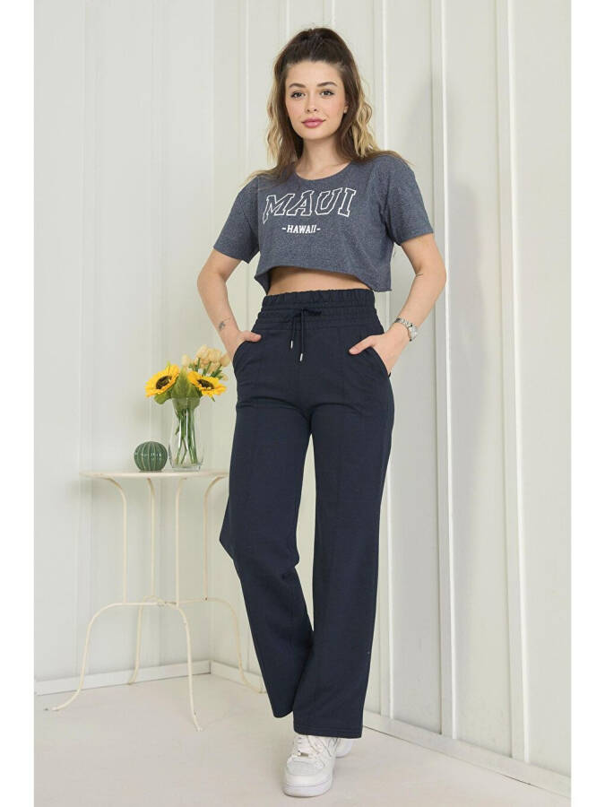 Plain Mid-Rise Women's Navy High Waist Wide Leg Sweatpants - 22383 - 12