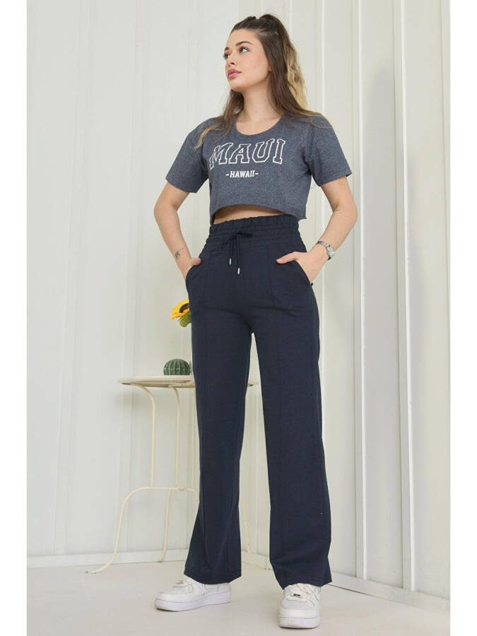 Plain Mid-Rise Women's Navy High Waist Wide Leg Sweatpants - 22383 - 2