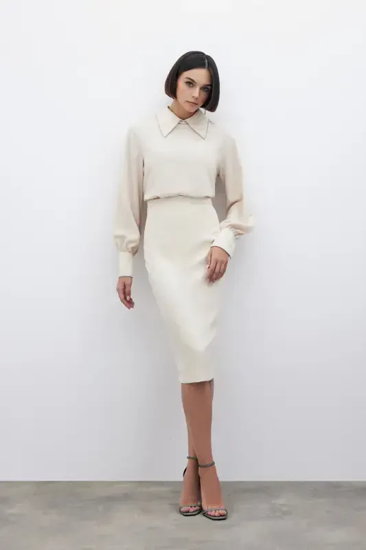 Plain Pencil Skirt - Beige - SATEEN