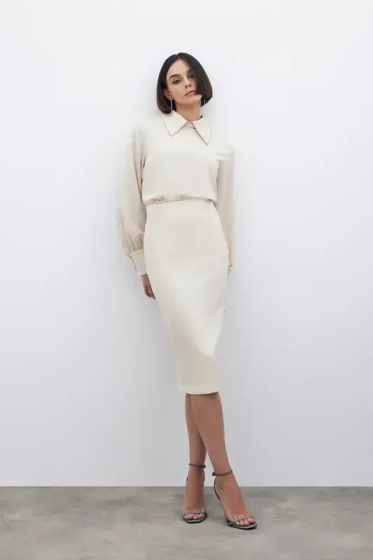 Plain Pencil Skirt - Beige - 2