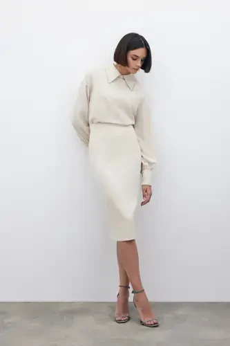Plain Pencil Skirt - Beige - 3