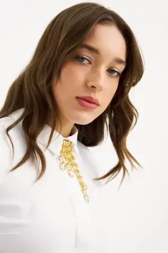 Plain Shirt with Chain Accessory - Ecru - 4