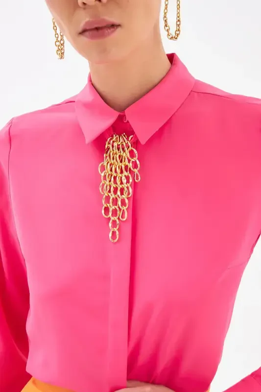 Plain Shirt with Chain Accessory - Fuchsia - 5