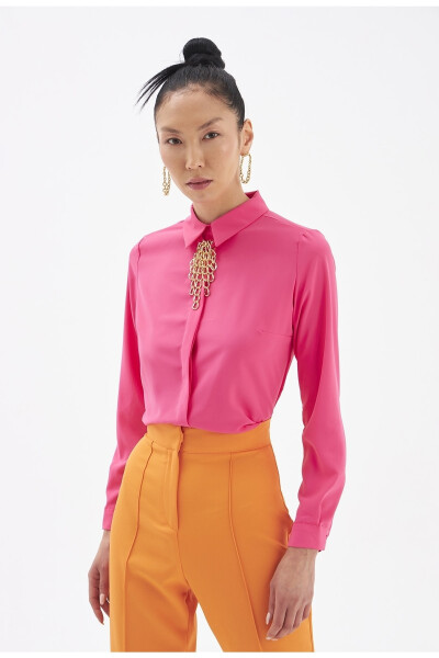 Plain Shirt with Chain Accessory - Fuchsia - 3