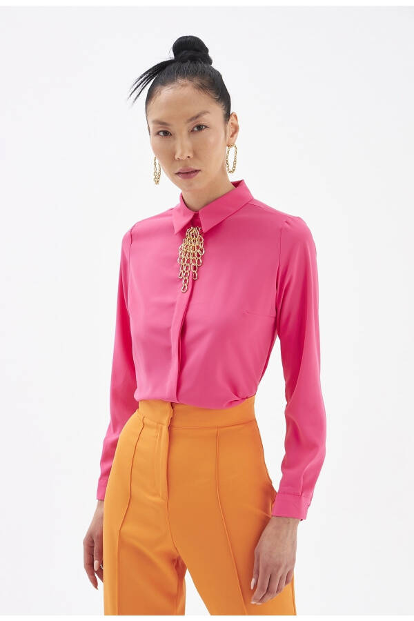 Plain Shirt with Chain Accessory - Fuchsia - 3