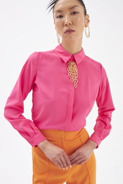 Plain Shirt with Chain Accessory - Fuchsia - 4