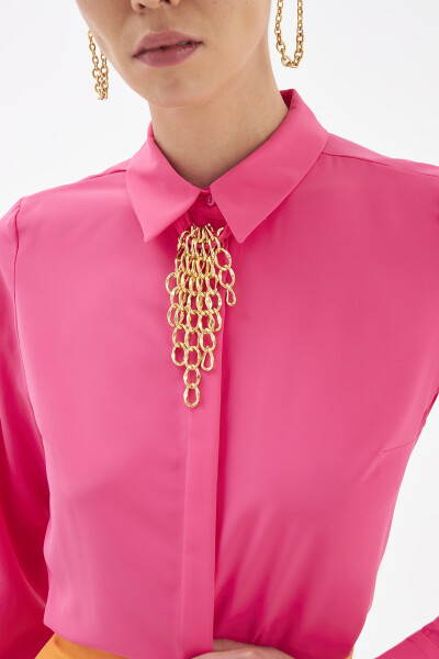 Plain Shirt with Chain Accessory - Fuchsia - 5