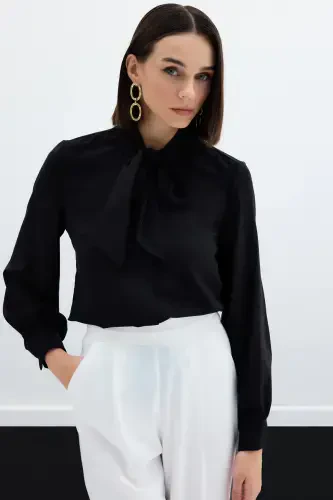 Plain Shirt with Tie Neck - Black - SATEEN (1)