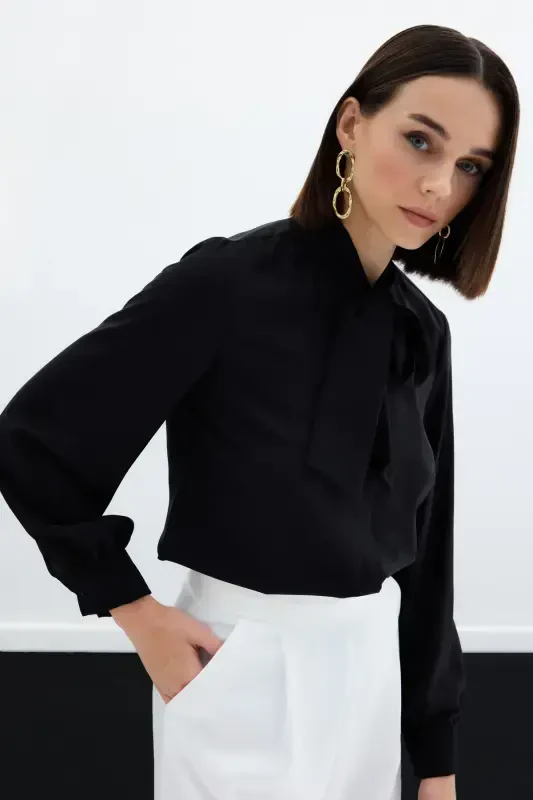 Plain Shirt with Tie Neck - Black - 3