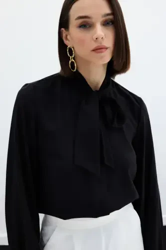 Plain Shirt with Tie Neck - Black - 6