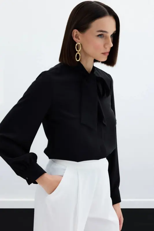 Plain Shirt with Tie Neck - Black - SATEEN
