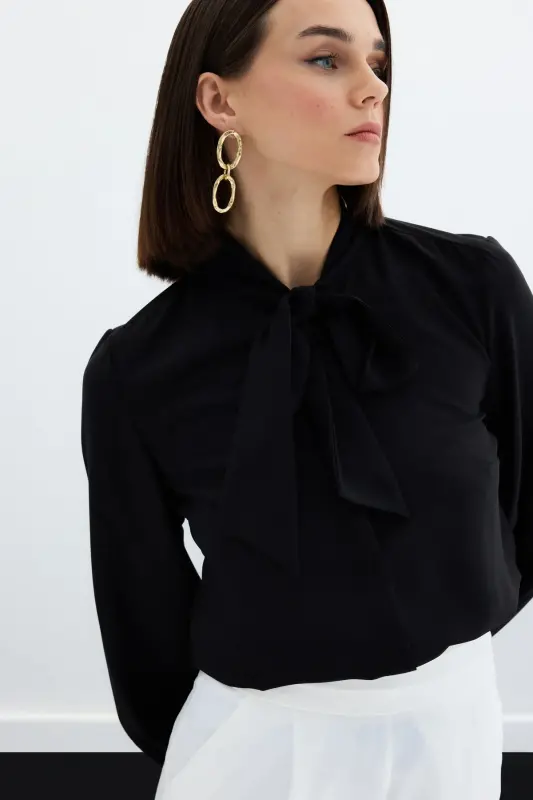 Plain Shirt with Tie Neck - Black - 4