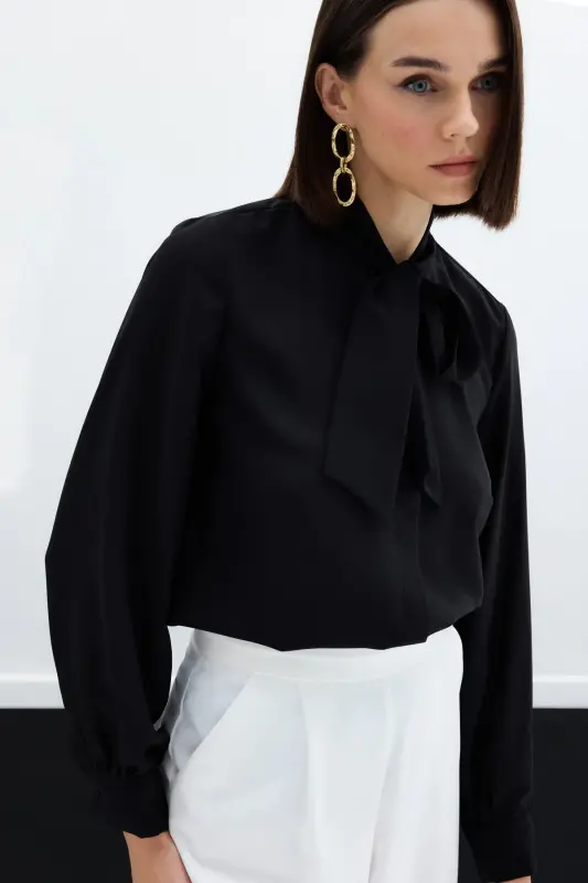 Plain Shirt with Tie Neck - Black - 5