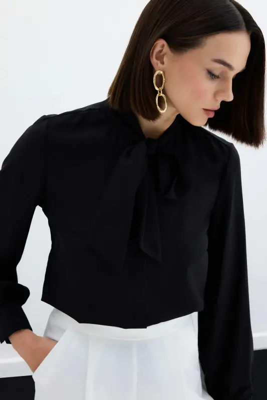 Plain Shirt with Tie Neck - Black - 7