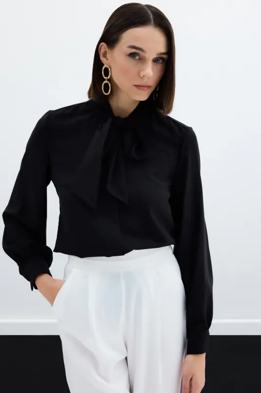 Plain Shirt with Tie Neck - Black - 2