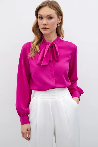Plain Shirt with Tie Neck - Fuchsia - SATEEN