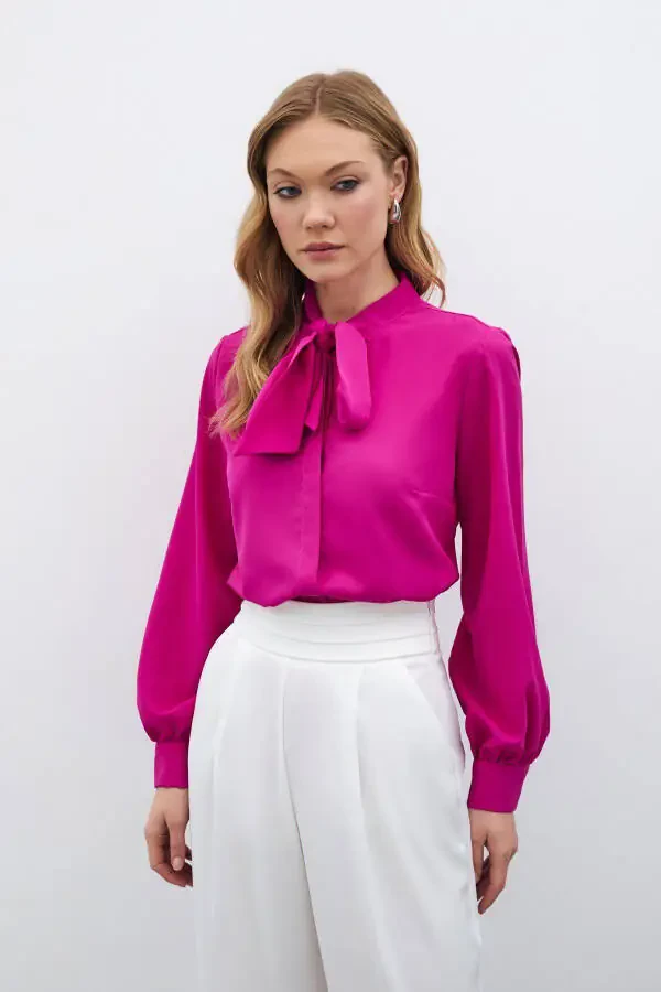 Plain Shirt with Tie Neck - Fuchsia - 2