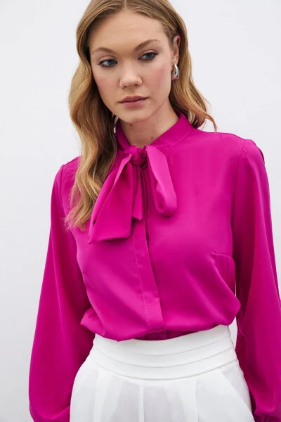 Plain Shirt with Tie Neck - Fuchsia - 3
