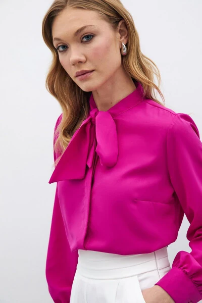 Plain Shirt with Tie Neck - Fuchsia - 5