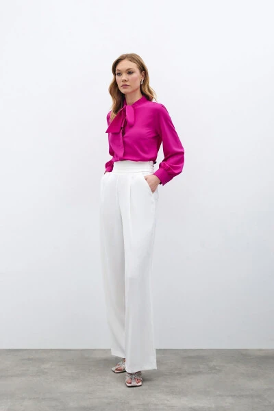 Plain Shirt with Tie Neck - Fuchsia - 7