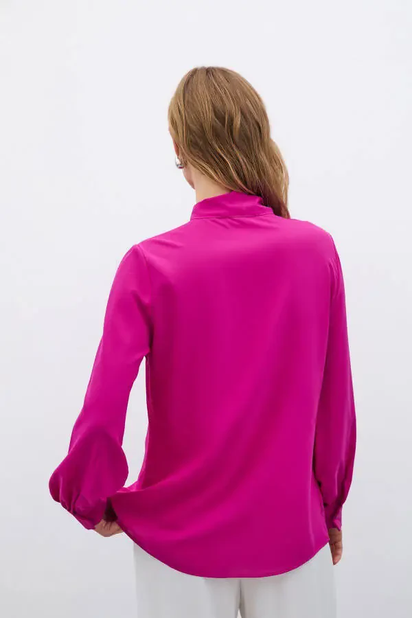 Plain Shirt with Tie Neck - Fuchsia - 8