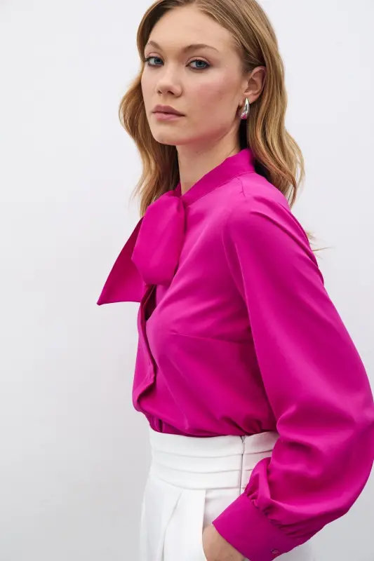 Plain Shirt with Tie Neck - Fuchsia - 4