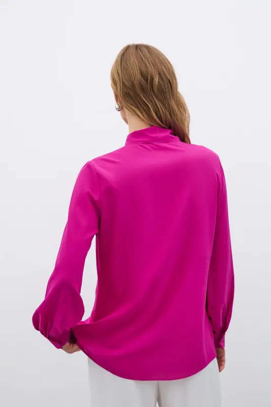 Plain Shirt with Tie Neck - Fuchsia - 6