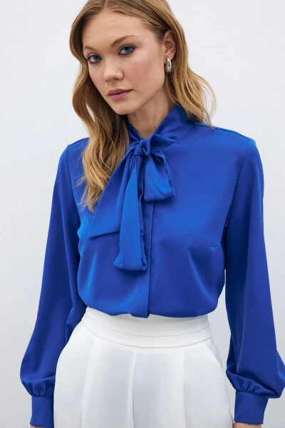 Plain Shirt with Tie Neck - Sax Blue - Modazone