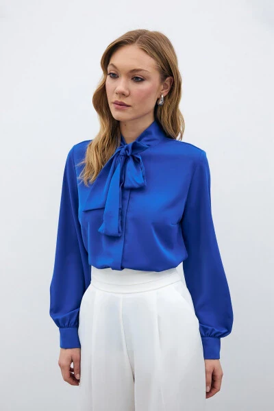 Plain Shirt with Tie Neck - Sax Blue - 3