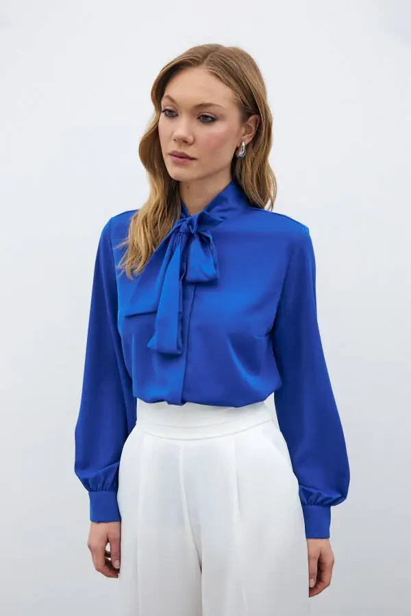 Plain Shirt with Tie Neck - Sax Blue - 3