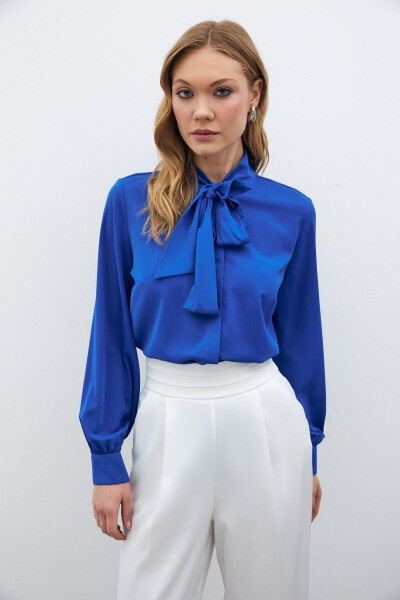 Plain Shirt with Tie Neck - Sax Blue - 2