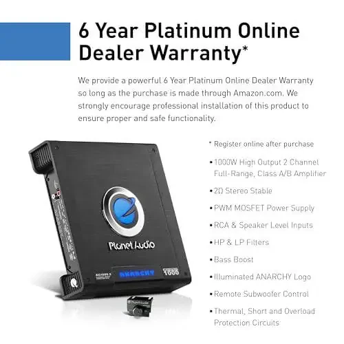 Planet Audio AC1000.2 Anarchy Series 2 Channel Class A/B Avtomobil Amplifikatori - 1000 Yuqori Chiqish, 2-4 OModazon, Yuqori/Past Darajadagi Kirishlar, Yuqori/Past O'tish Filtri, To'liq Diapazon, Ko'prikli, Bass uchun Subwooferga Ulaning - 3