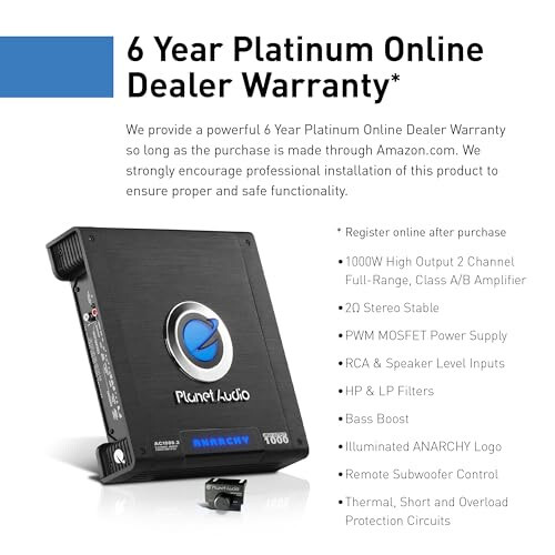 Planet Audio AC1000.2 Anarchy Series 2 Channel Class A/B Car Amplifier - 1000 High Output, 2-4 OModazone, High/Low Level Inputs, High/Low Pass Filter, Full Range, Bridgeable, Hook Up to Subwoofer for Bass - 3