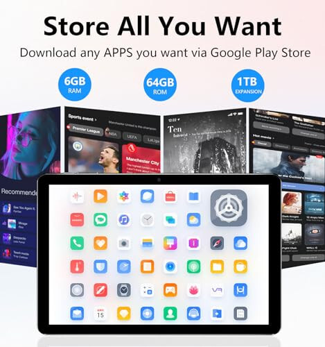 Планшет Android, 10,1 дюйма Android 13 планшеты 6 ГБ ОЗУ 64 ГБ ПЗУ 1 ТБ расширение, 1280x800 IPS HD сенсорный экран, 6000 мАч аккумулятор, Bluetooth, двойная камера, GMS, Wi-Fi (черный) - 3