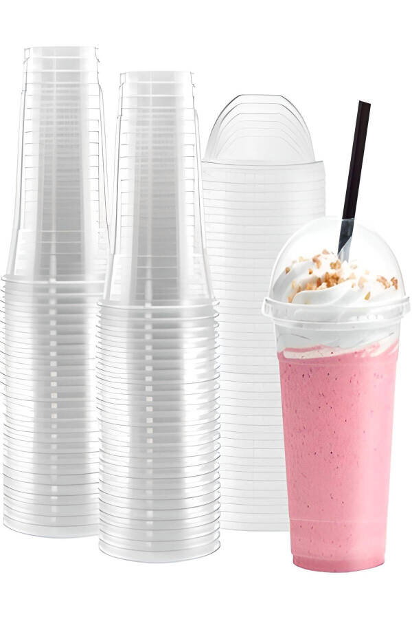 Plastik Şeffaf Bardak Kapaklı Milkshake Bardağı Kahve Bardağı Soğuk İçecek Bardağı 400-450ml 20 Adet - 1