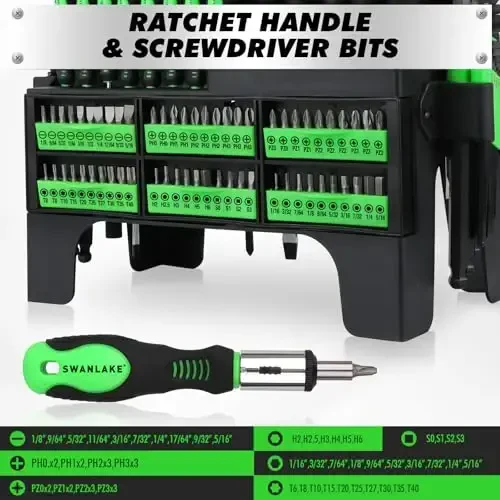 Plastik tokchali 141 dona magnitli tornavida to'plami, Torx/Slotted/Phillips aniqlikdagi tornavidalari, SAE va metrik olti qirrali kalitlar to'plami, Ratchet tutqichi va tornavida uchlari, sovg'a uchun DIY asboblari - 6