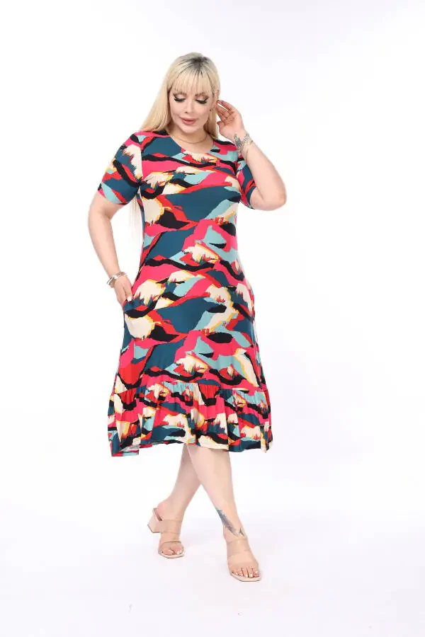 Платье большого размера с многоцветной юбкой с оборками и карманами - 1