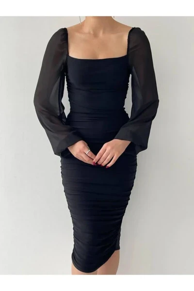 Платье черное с квадратным вырезом, рукав шифон, Drafe Sandy - 3