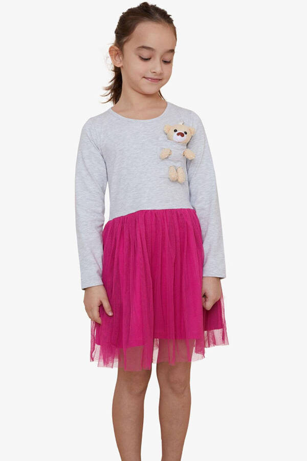 Платье для девочек с длинным рукавом, аксессуар мишка, светло-серый меланж (3-4 года) - 9