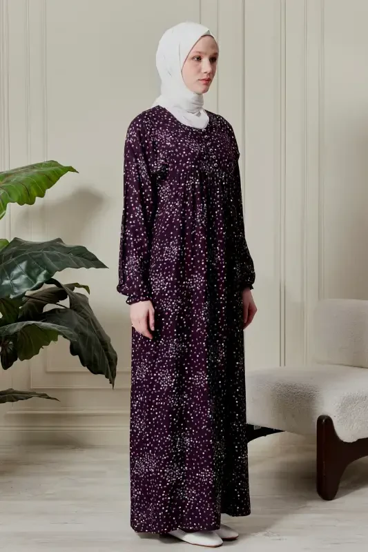 Платье для мамы из вискозной ткани с цветочным узором в стиле тессетюр, с оборками и пуговицами спереди, для намаза, сиреневое - 4