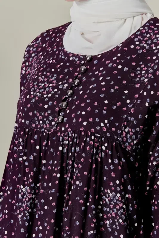 Платье для мамы из вискозной ткани с цветочным узором в стиле тессетюр, с оборками и пуговицами спереди, для намаза, сиреневое - 5